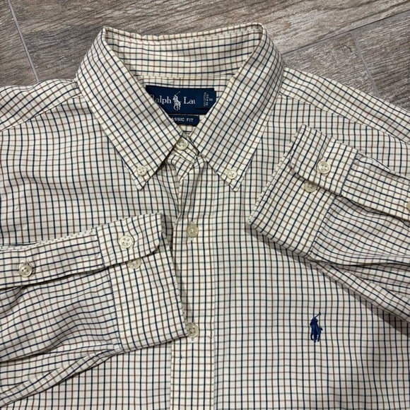 Ralph Lauren Other - Ralph Lauren Classic Fit Long Sleeve Button Shirt Beige Navy Check Sz L 16.5